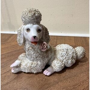 Vintage White Spaghetti Poodle Figurine Gold Accents Pink Rose Japan Souvenir